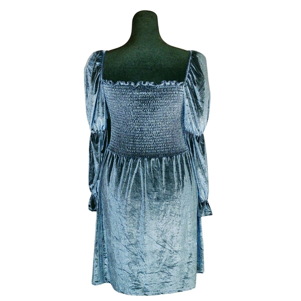 Velvet Milkmaid Smocked Square Neck Peasant Puff Sleeve Mini‎ Dress - Blue XL - Picture 3 of 11